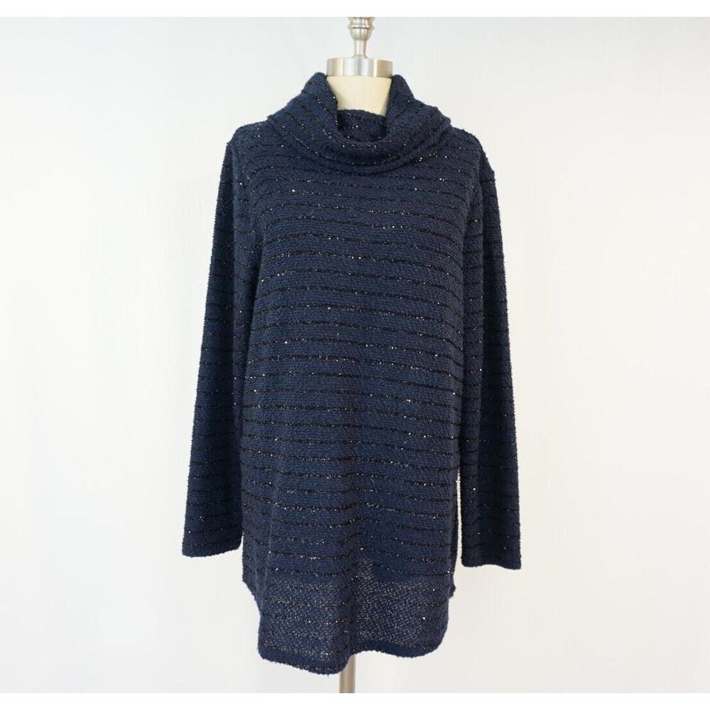 Chico’s Striped Cowl Neck Tunic Top XL Navy Blue Sparkle Nautical Preppy HOliday